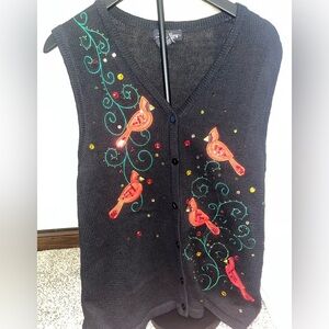 VTG SML Sz L Cardinal Bird Sweater Vest Sequin Embellished 80s Christmas Whimsy